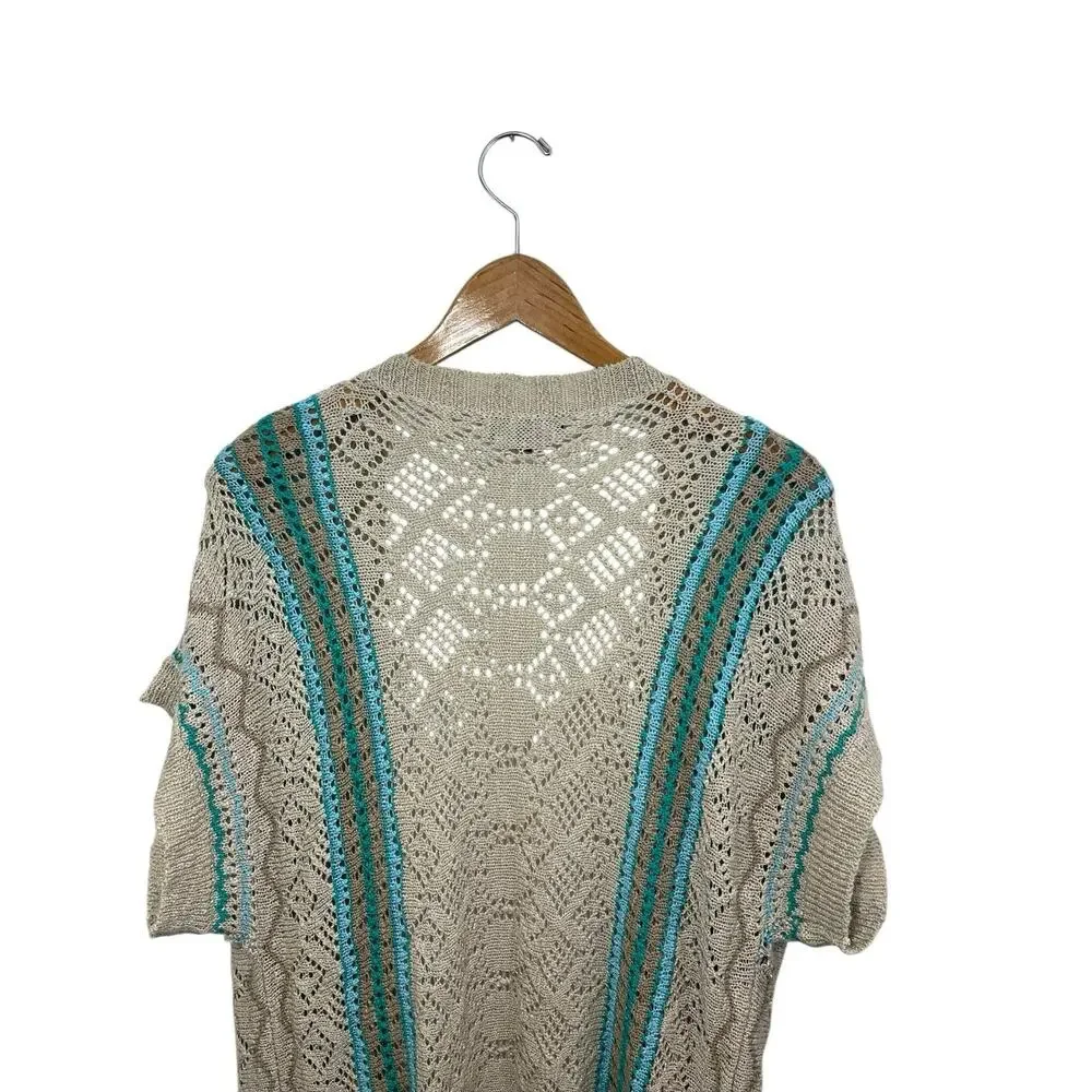 Crochet Duster Cardigan Festival Large Beige Hippie Short Sleeve Boho Lagenlook